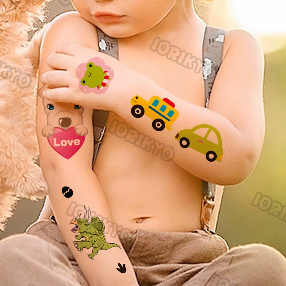 Funny Watercolor Temporary Tattoos For Kids Boys Girls Baby Car Dog Dinosaur Tattoo Sticker Fake Heart Small Tatoos Hands Neck