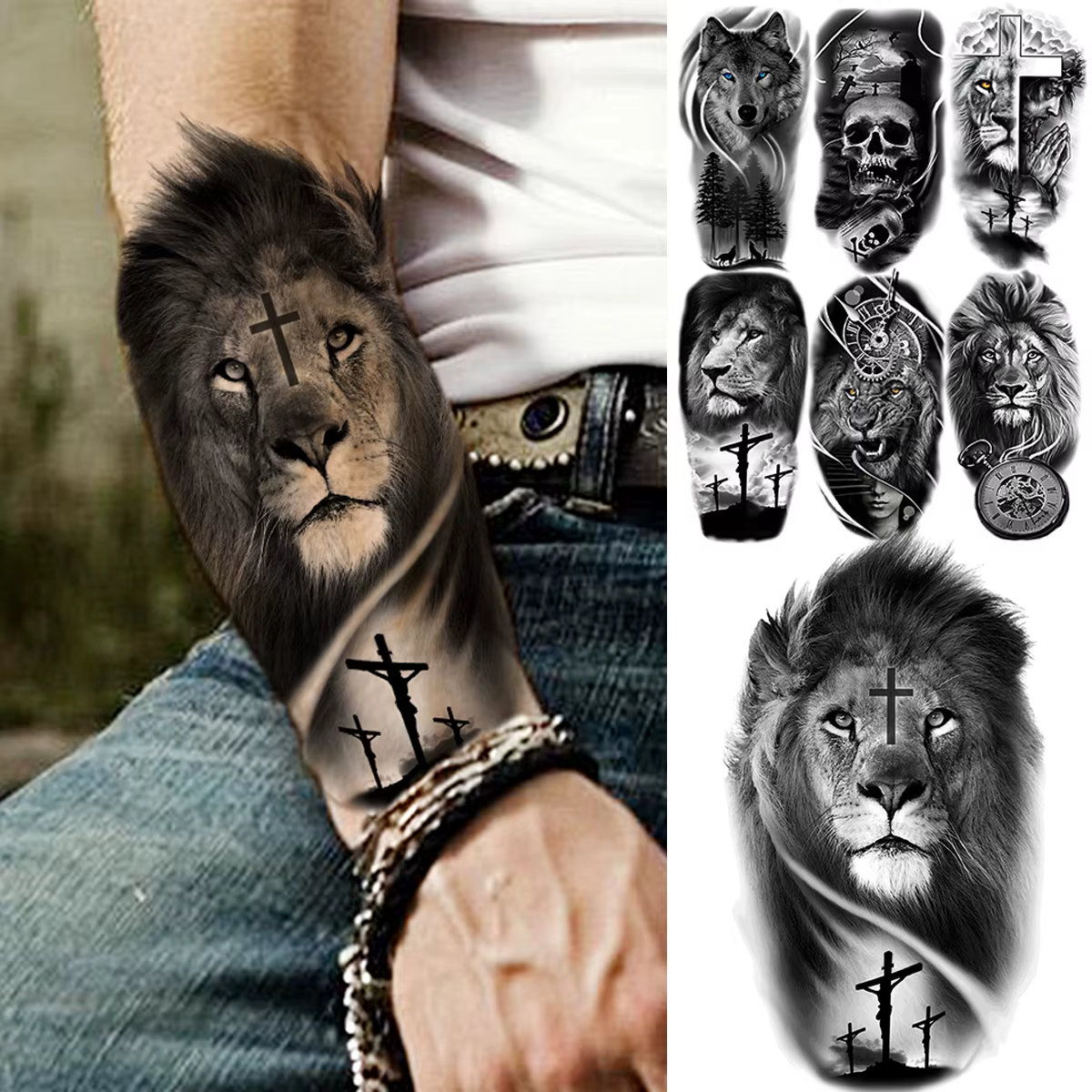 Realistic Lion Frontarm Cross Temporary Tattoos For Men Adult Wolf Lion Skull Compass Fake Tattoo Stylish Waterproof Tatoo Paper