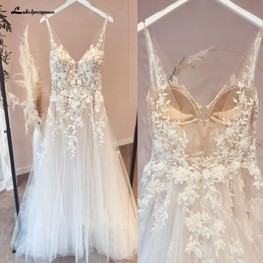 Lakshmigown Unlined Bodice FLowy A Line Tulle Wedding Dress With V Neck Bridal Gown Beach Bridal Gown Customized Robe de mariee