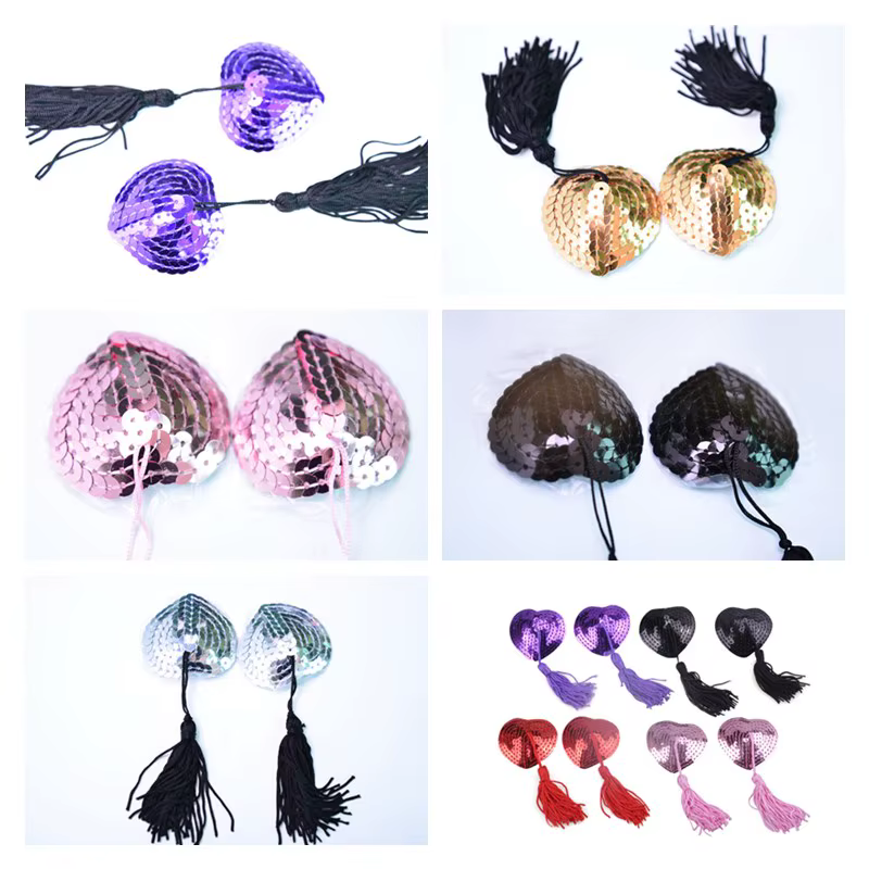 1 Pair Sexy Pasties Stickers Women Lingerie Sequin Tassel Breast Bra Nipple Cover Self Adhesive Heart Shape Bra Nipple Cover