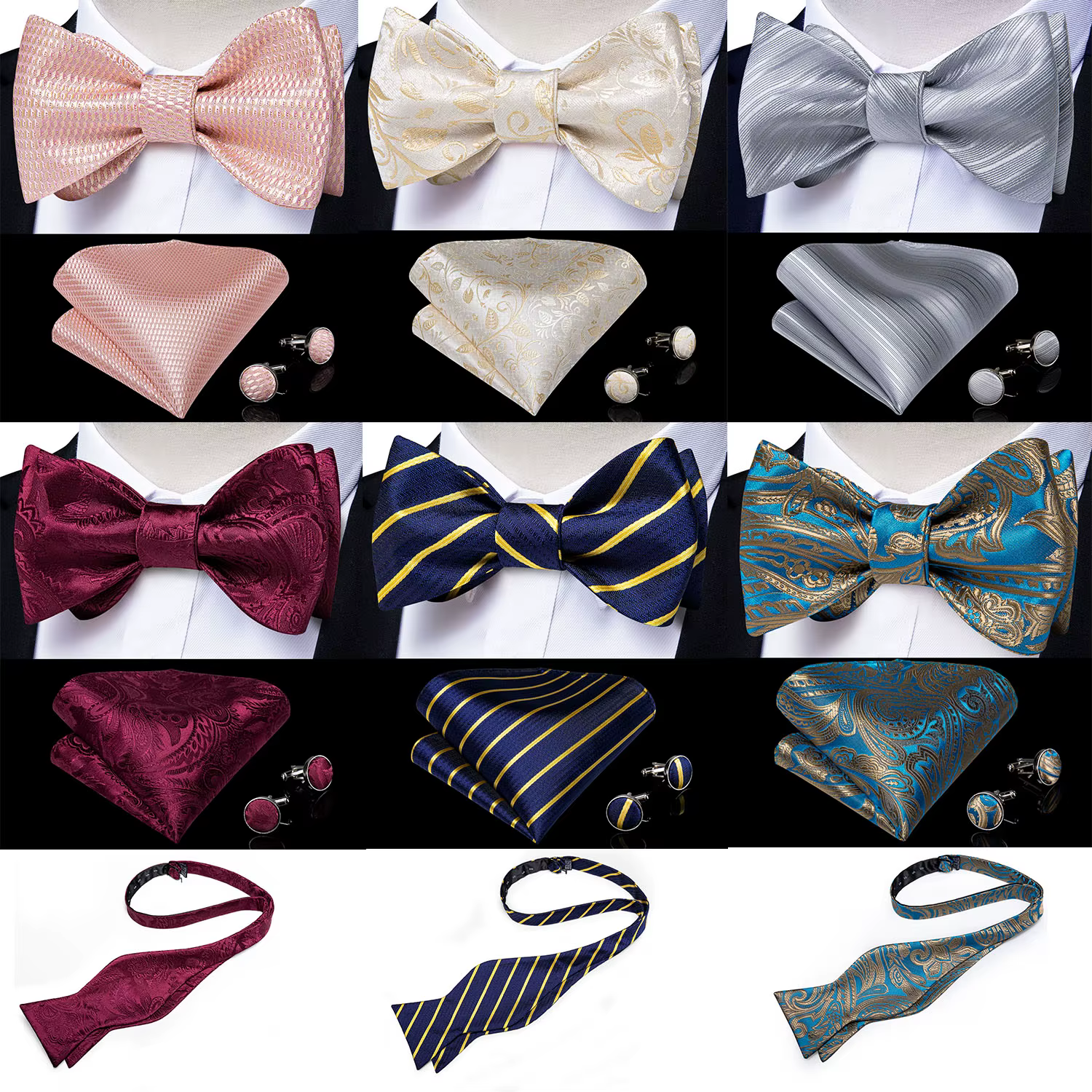 Men's Bow Tie Self Tie Silk Butterfly Fashion Wedding Party Red Pink Blue Striped Paisley Bowknot Tie Set Hanky Cufflink DiBanGu