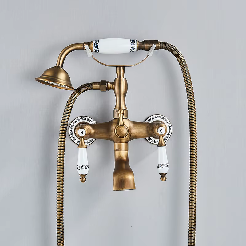 Antique Brass Bathtub Shower Faucet Set Bathroom Dual Handle Wall Mounted Bath Tub Mixer Tap with Handshower and Swivel Spout