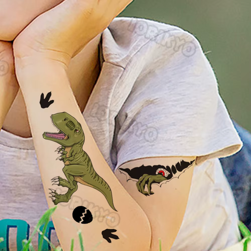 Roaring T-Rex Temporary Tattoo For Kids Boy Son Girls Fake Dinosaur Tattoo Sticker Cartoon Egg Tiny Tatoos Toddler Hands Arm