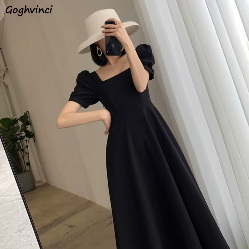 Short Puff Sleeve Dress Women Black Elegant A-line High Waist Square Collar Party Chic Fashion Female French Style Retro Trendy
