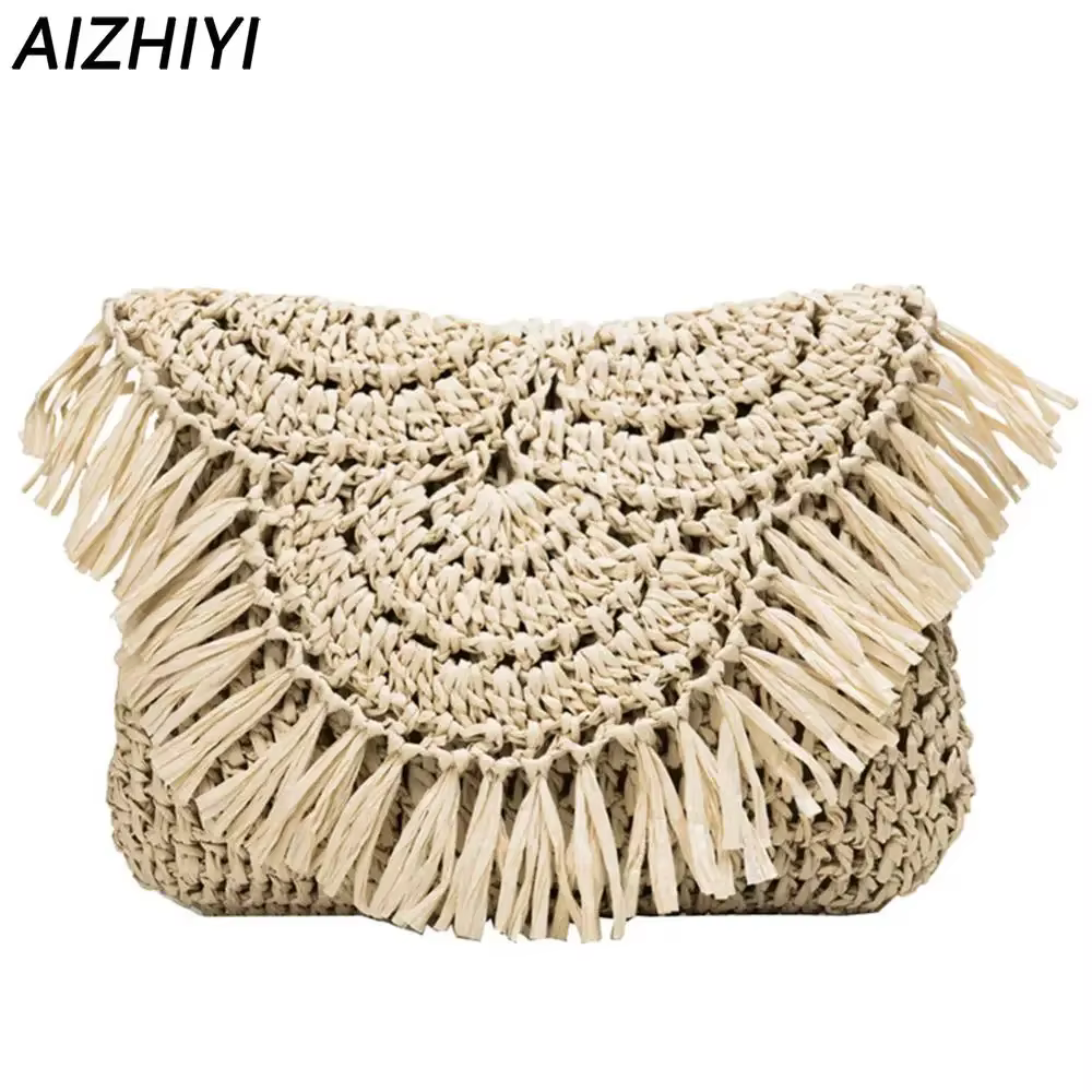 Popular Simple Female Daily Bag Summer Beach Slim Flap Handbag Women Tassels Straw Rattan Weave Crossbody Bag