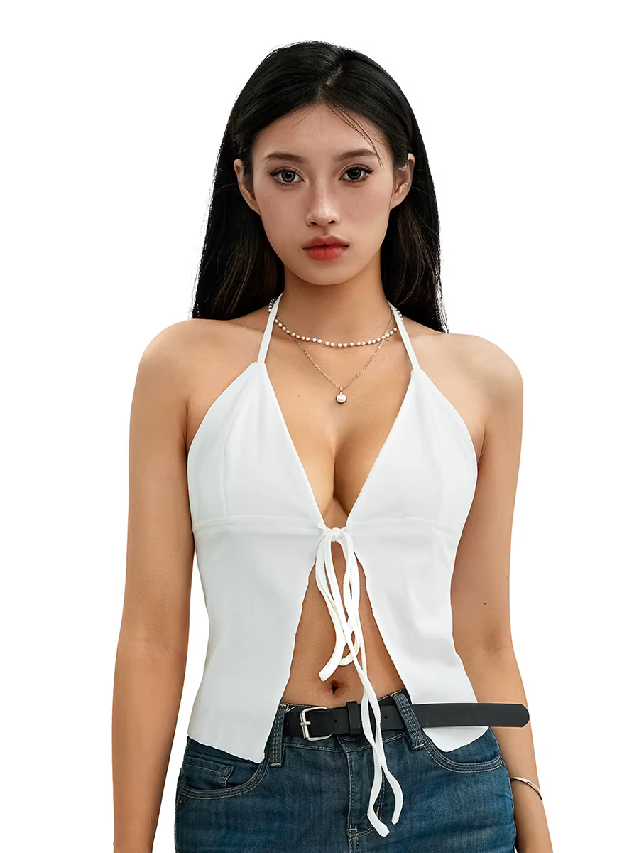 Women Crop Vest Tops Sleeveless Hanging Neck Drawstring Solid Color Casual Party Summer Spring Shirt