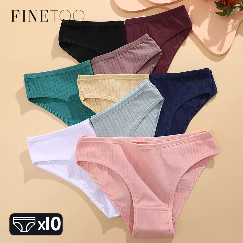 FINETOO 10PCS Women's Cotton Panties Sexy Breathable Underwear Female Solid Comfortable Lingerie Striped Briefs Wholesale M-XL