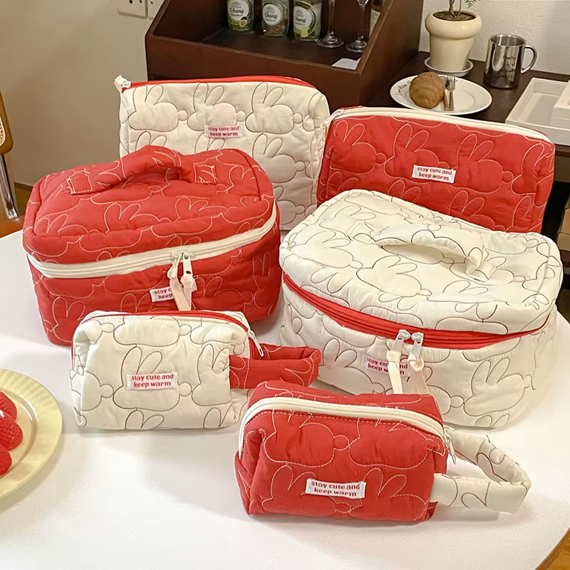 Cute Women Rabbit Quilted Cotton Cosmetic Bag Handbag Lady Tote Makeup Pouch Travel Organizer Storage Zipper Bags Wholesale
