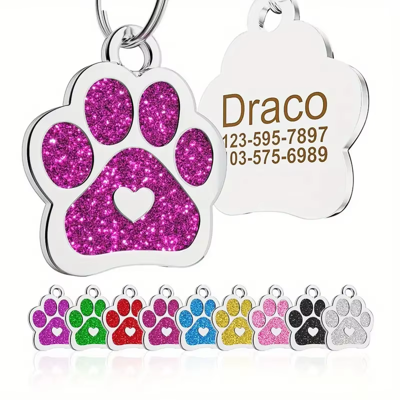 Personazlied Glitter Personalized Dog ID Tag Customized paw heart Shape Name Tag Pet Dog Accessories Collar Decoration