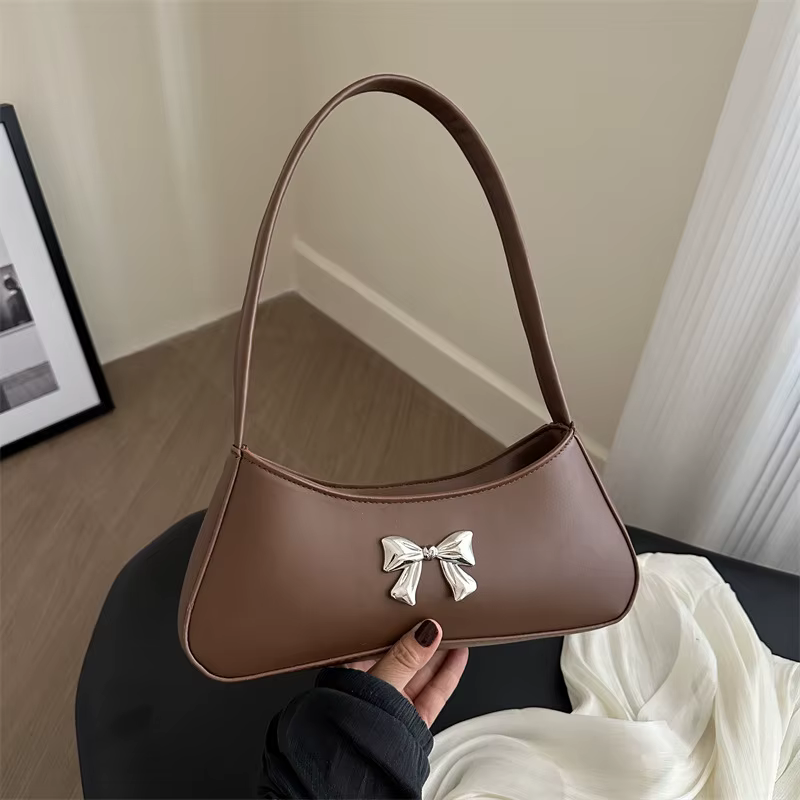 French Fashion Design Handbag Texture Western Trendy Shoulder Bag Underarm Bag Silver Bow Small Square Bag For Women New 2025