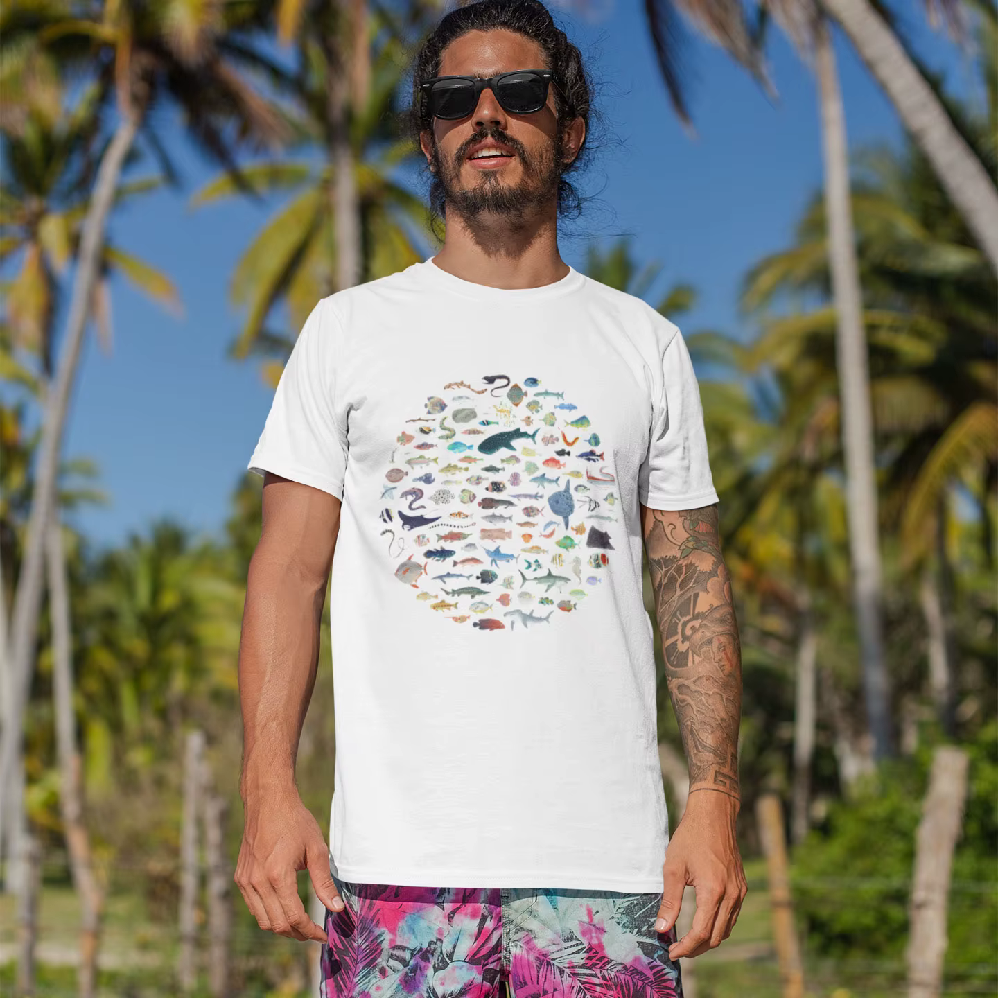 Men's T-Shirts One Hundred Fish Ocean Life Vintage 100% Cotton Tee Shirt Short Sleeve Scuba Diving T Shirt O Neck Tops Plus Size