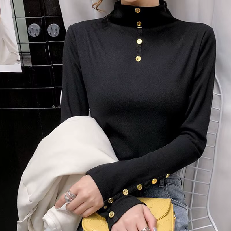Women's button details slim fit turtleneck T-shirt trendy gold button top TS3237