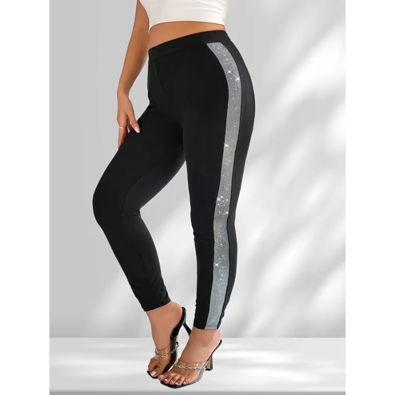 Plus Size 1XL-5XL Women's Casual Yoga Pants Elegant Sequin Solid Color Patchwork Comfortable Leggings