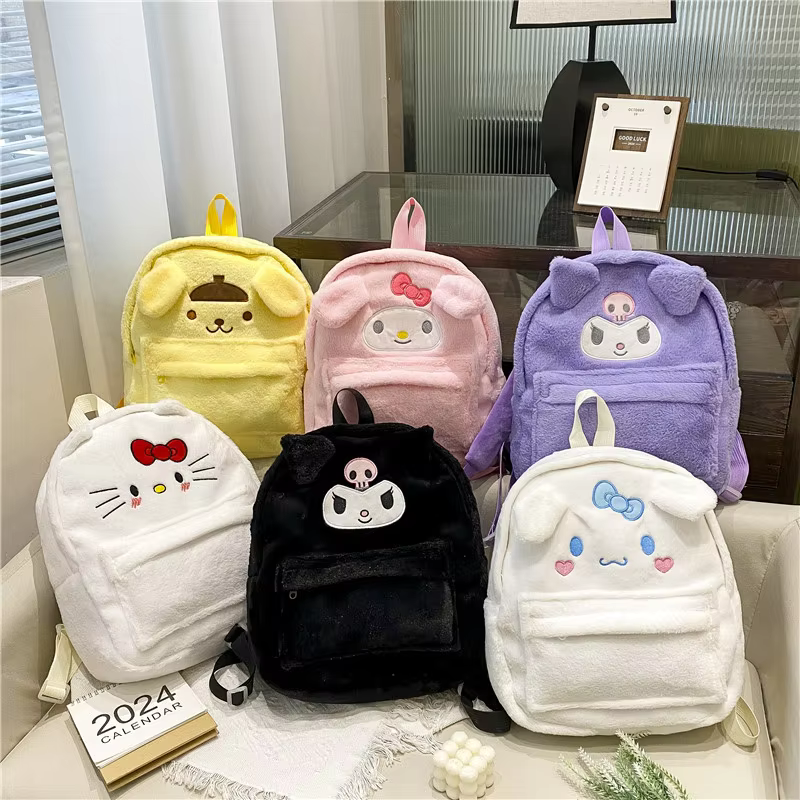 New Sanrio Cartoon Lovely Plush Backpack Cinnamoroll Kuromi Girl Heart Large Capacity My Melody Shoulders Bag Kid Christmas Gift