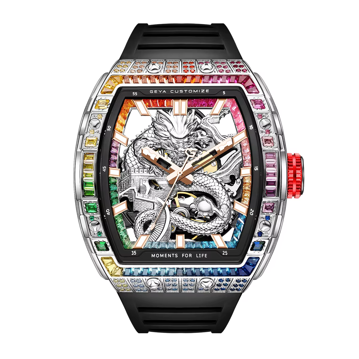 GEYA Dragon Automatic Mechanical Men’s Watch, Skeleton Dial with Multi-Color Diamonds Tonneau Chinese loong Analog Watches 78175