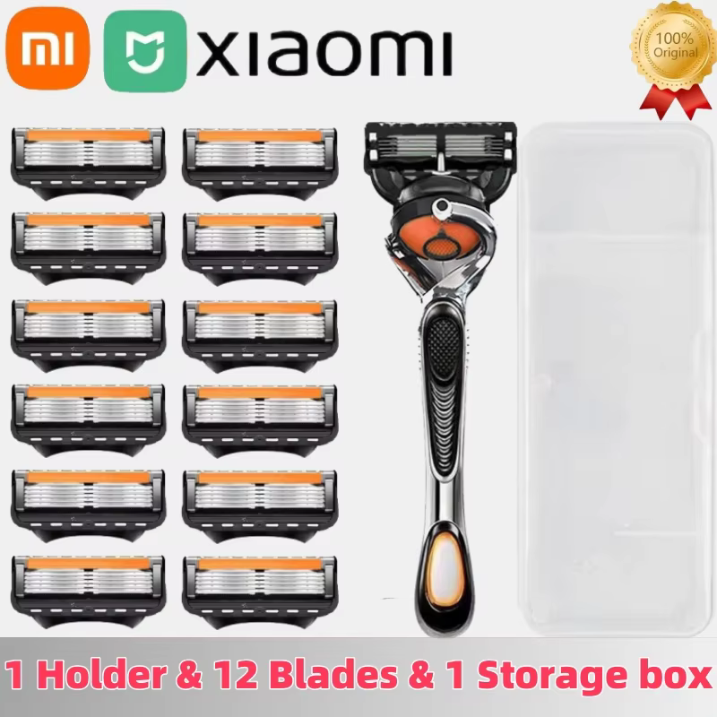 Xiaomi Orange Black Men's 12 Razor Blades 1 Manual Razor Holder And Beard Knife Storage Box Retro Universal Five-Layer Blades