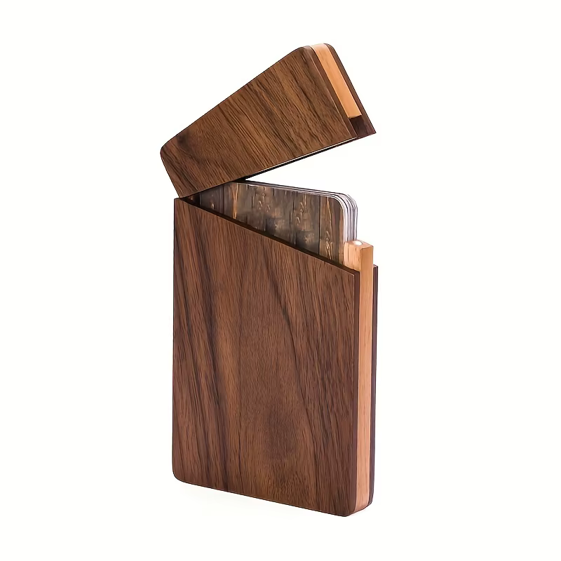 Stylish Wooden Business Card Holder - Magnetic Closure, Walnut & Beech - Perfect for Men's Pockets!