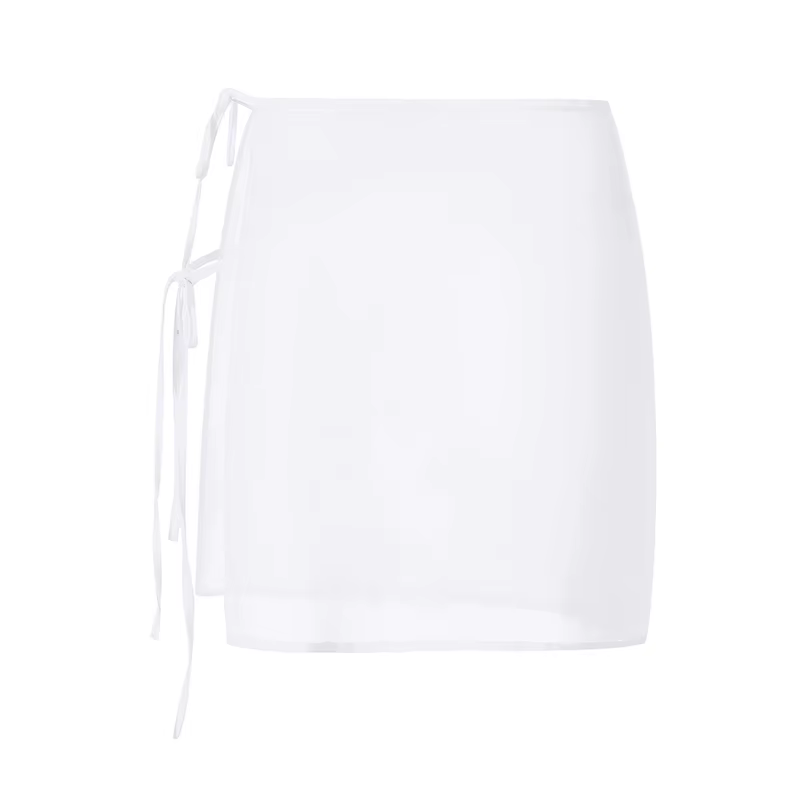 Women s Lace-Up Mini Skirt Sexy High Waist Solid Color Mesh Skirt for Summer Beach Party Black White Sizes S-XL