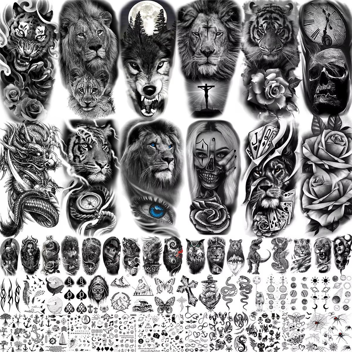 61 Sheets Realistic Skull Animals Temporary Tattoos For Adults Arm Tattoos Fake Compass Rose Flower Lion Wlof Tatoos Black Tiger