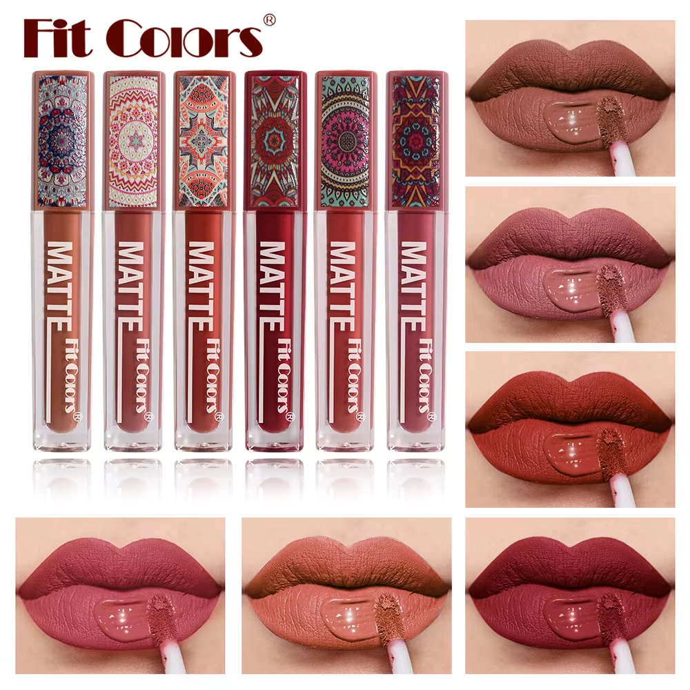 FitColors 6-color Matte Non-stick Cup Lip Gloss Boho Style Lip Glaze Waterproof Long-lasting Velvet Lipstick Makeup