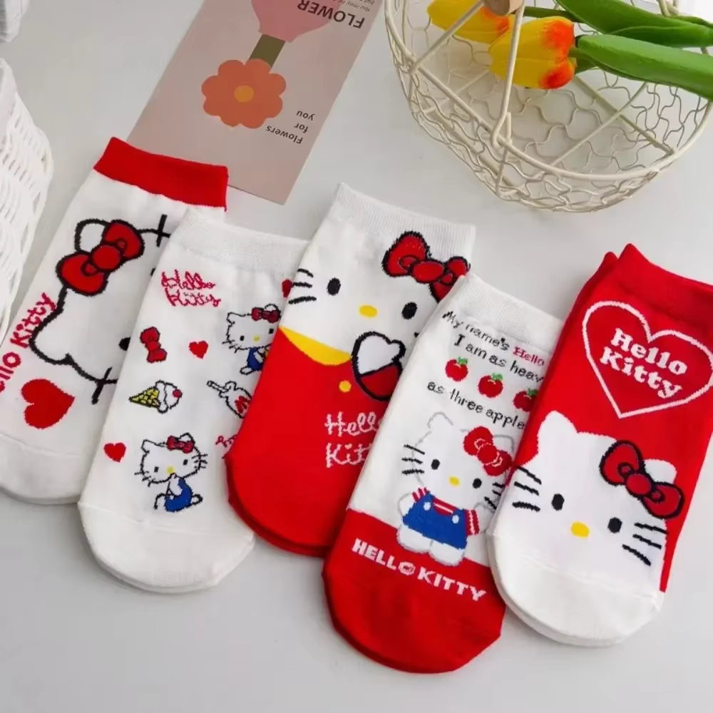 5pcs Sanrio Hello Kitty Women Socks Cute Cartoon Christmas Socks Anime Cotton Korean Sweet and Comfortable Sock for Kids Girl