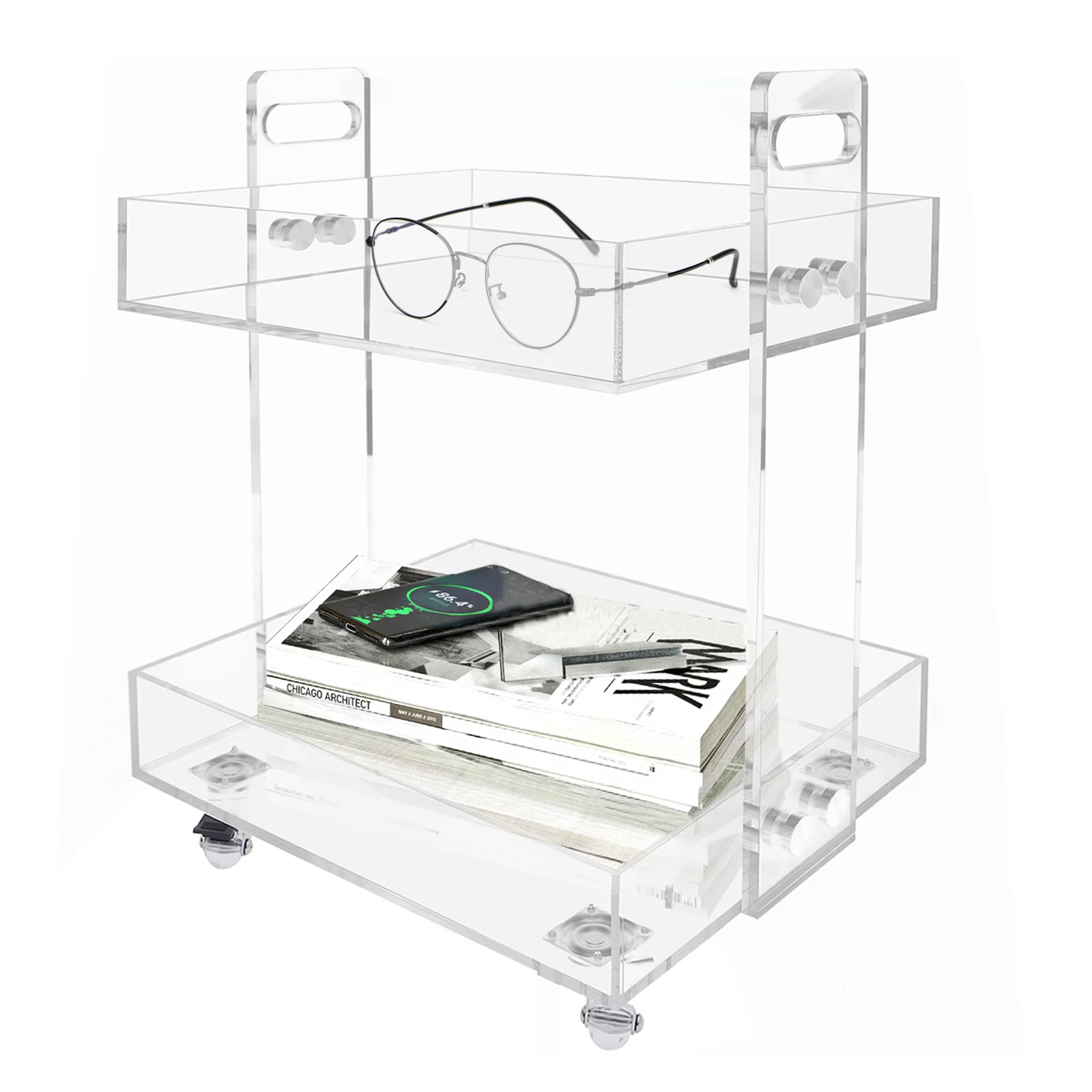 Hotel Furniture Clear Acrylic Bar cart 2 Shelves Tier Rolling Kitchen Food Serving Trolley Car Easy Assembly