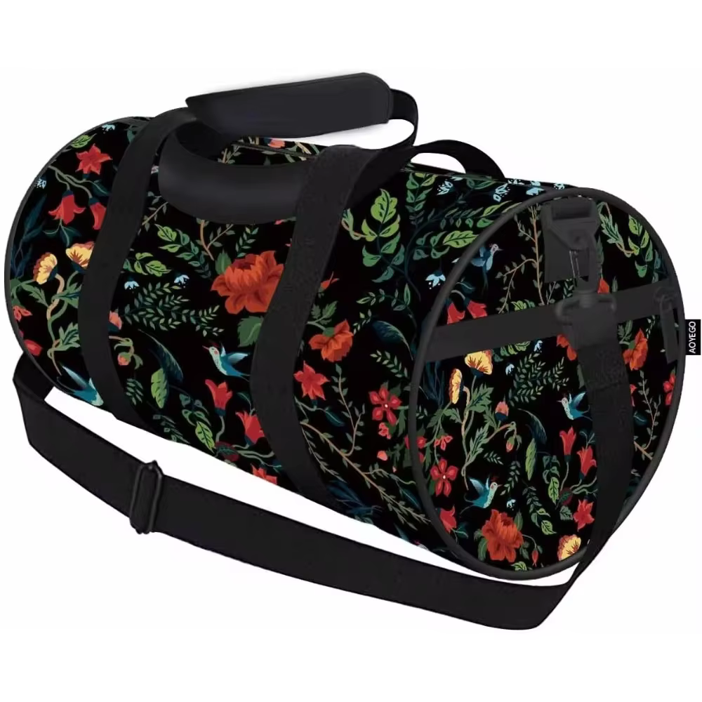Floral Birds Black Sports Duffle Bag Morning Garden Men Women Weekender Bag for Traveling Tote Gym Bag Shoulder Overnight Bag