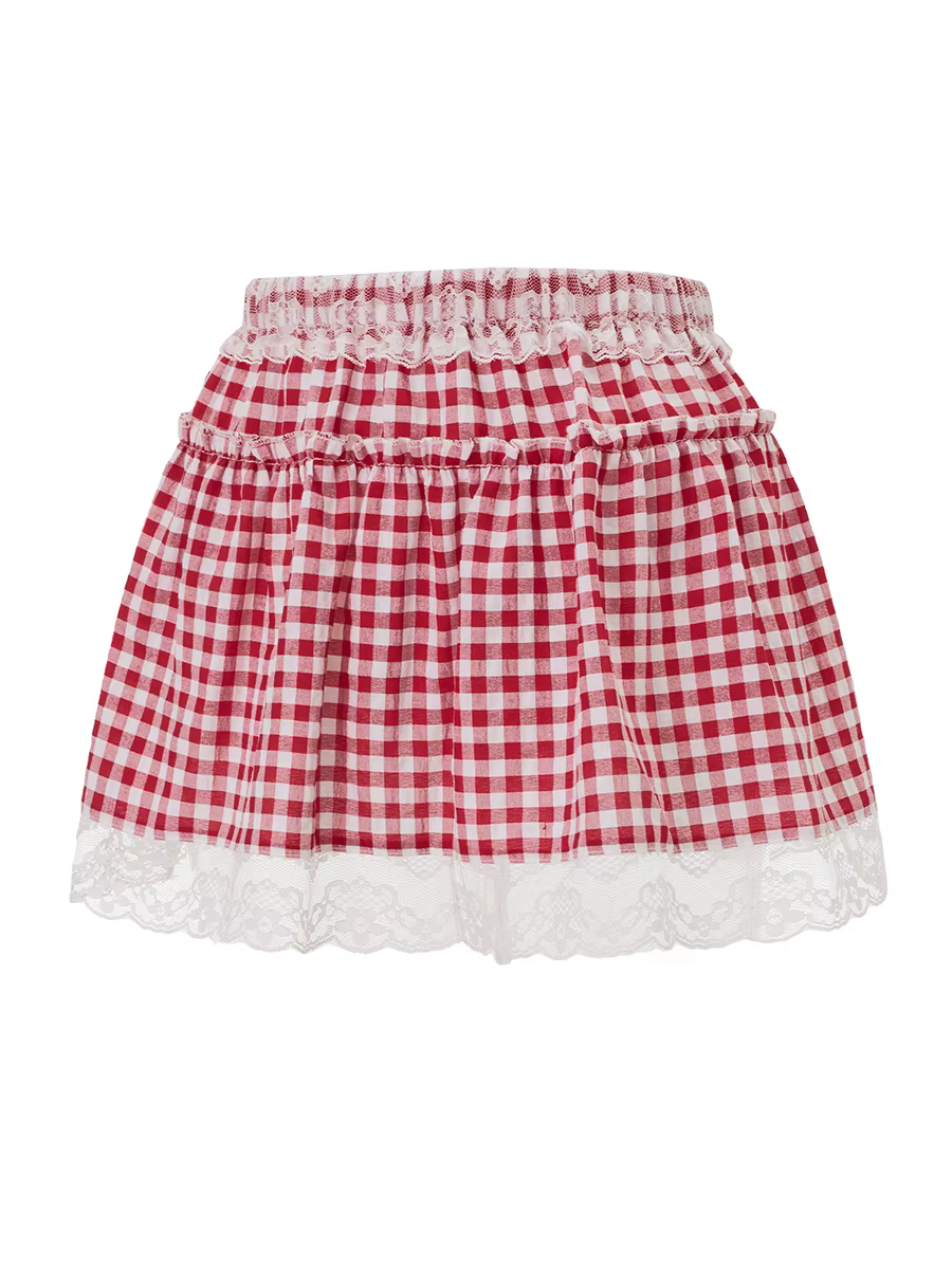 Elegant Plaid Mini Skirt with Floral Lace Detailing and Frill Trim A-Line Hem Design for Women s Fashion
