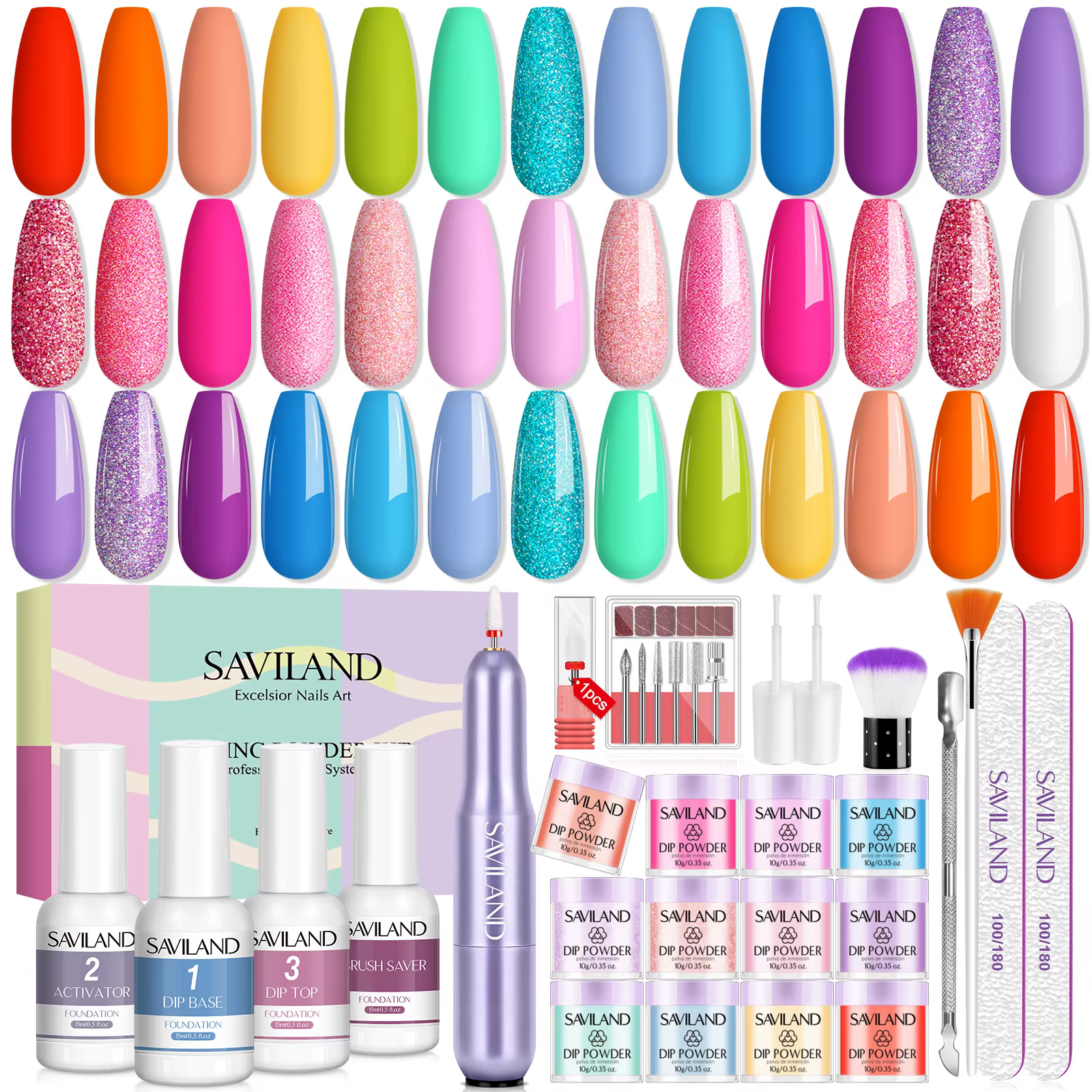 SAVILAND 20 Colors Dipping Nail Powder Kit Summer Dip Nails Powder with Dip Powder Liquid Set Base Top Coat Activator