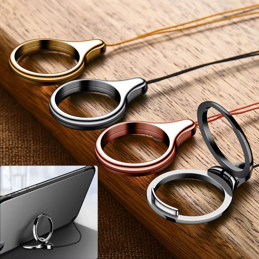 2 in 1 Mobile Holder Metal Stand and Ring Hang Rope 360 Degree Finger Ring Lanyard For Phone