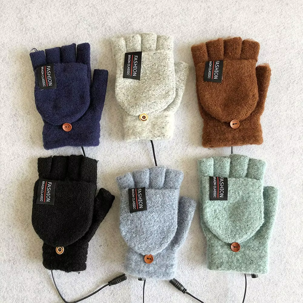 1 Pair Unisex USB  Electric Heating Winter Outdoor Heated Gloves Pure Color Full&Half Finger Warmer Mitten