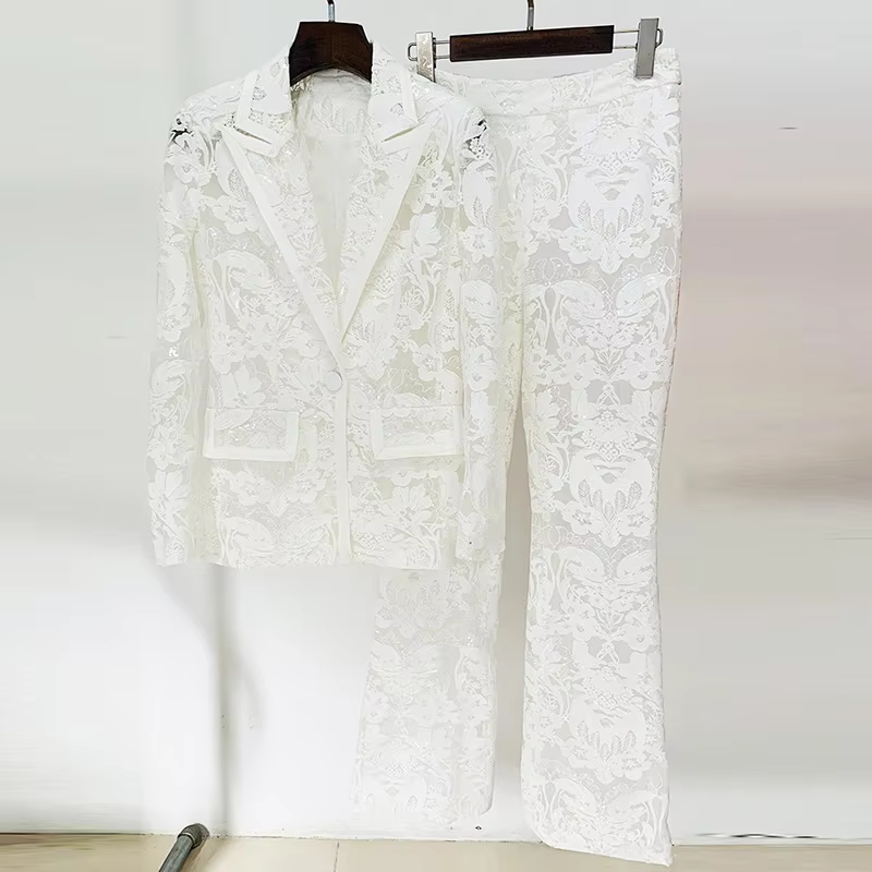 JAMERARY New Fashion Mesh Embroidered Blazers Jackets Wide Leg Pants Sequins Suit Coat Women Pants White Lace Two Piece Set