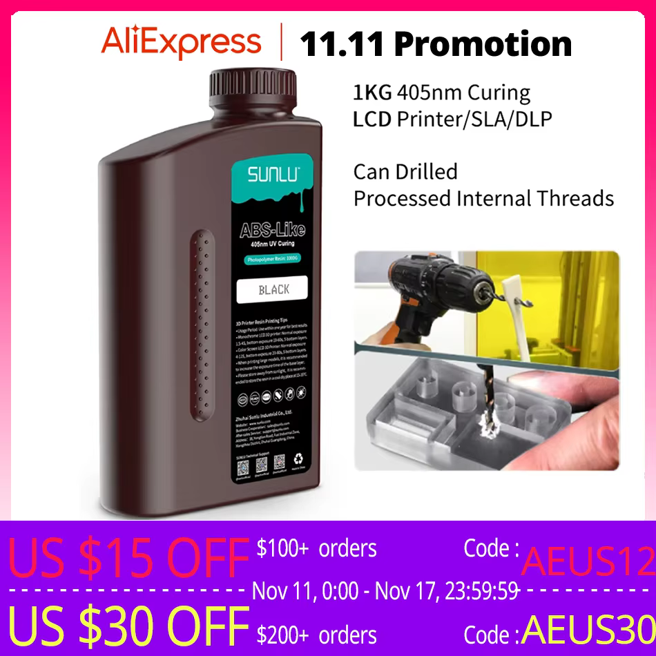 SUNLU UV Resin 405nm ABS-Like Photopolymer LCD Printer Liquid 1KG Can Drilled Processed Internal Threads Low Odor High Hardness