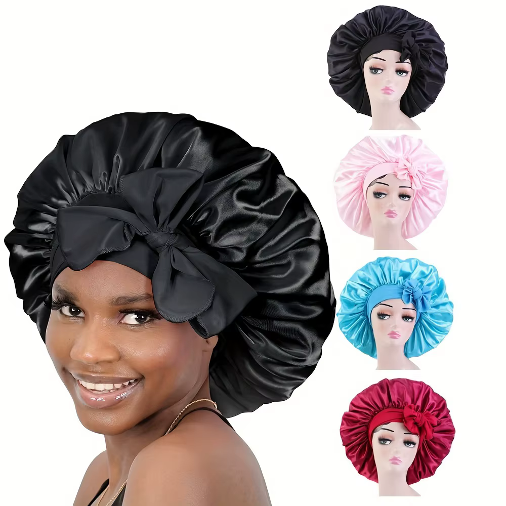 4pcs Satin Silky Hair Bonnets With Stretchy Tie Band, Jumbo Size For Sleeping, Premium Hair Protection Caps For Women, Assorted 