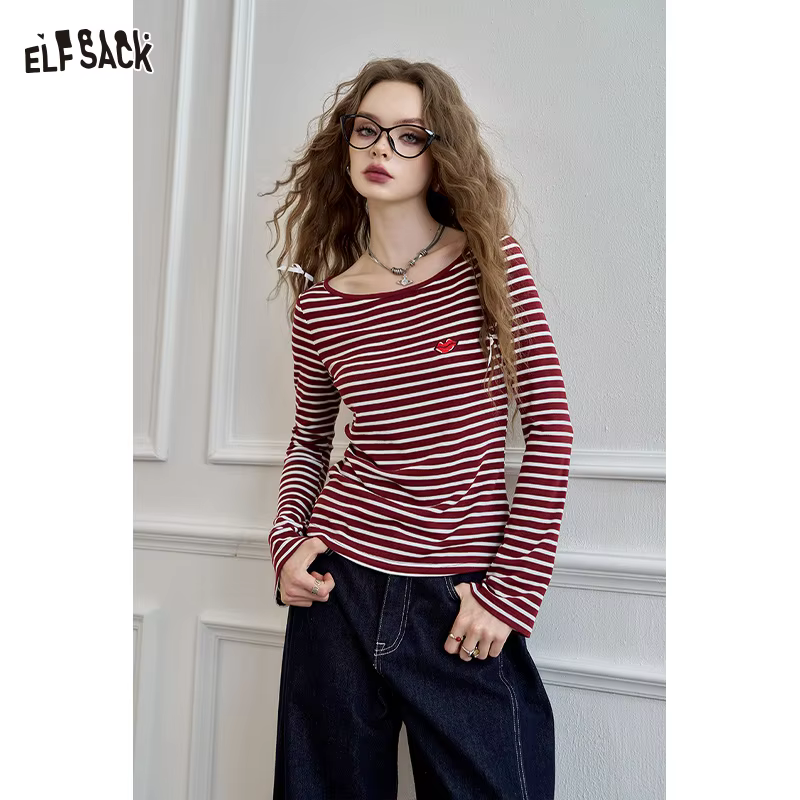 ELFSACK 2024 Autumn New Arrive Embroidered striped long sleeved t-shirt for women, versatile Korean style slimming top for commu