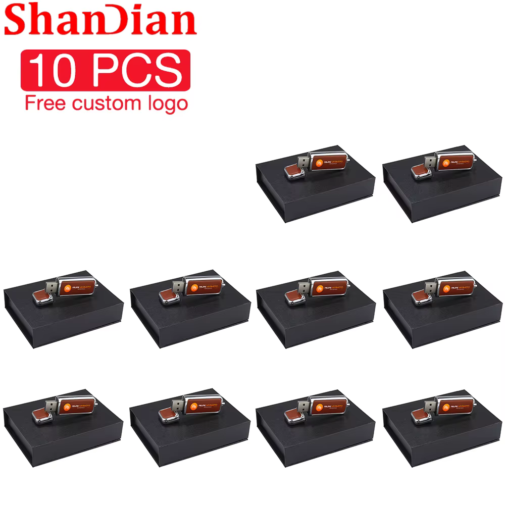 10PCS LOT Brown Leather USB Flash Drive 128GB Free Color Printing Memory Stick 64GB Pen Drive Creative Pendrive Photo Wooden Box