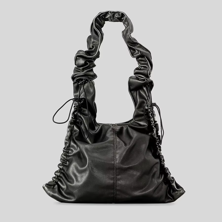 Vintage Ruched Drawsting Women Shoulder Bags Casual Hobos Lady Handbags Luxury Pu Leather Underarm Bag Tote Purses