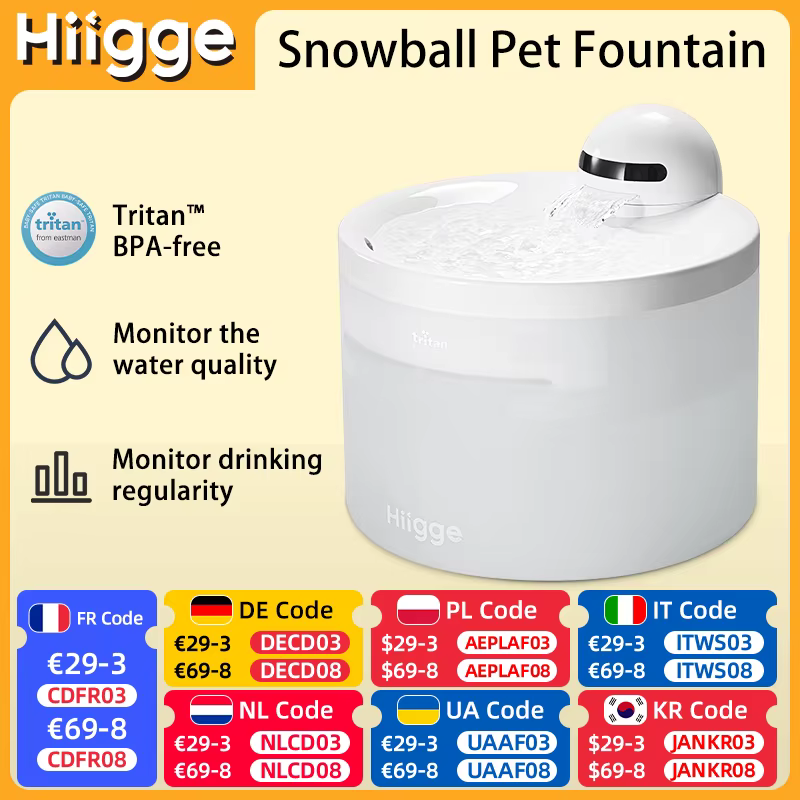 Hiigge Snowball Cat Water Fountain Wireless Automatic Water Dispenser for Dog Cordless Pet Drinker with data analysis