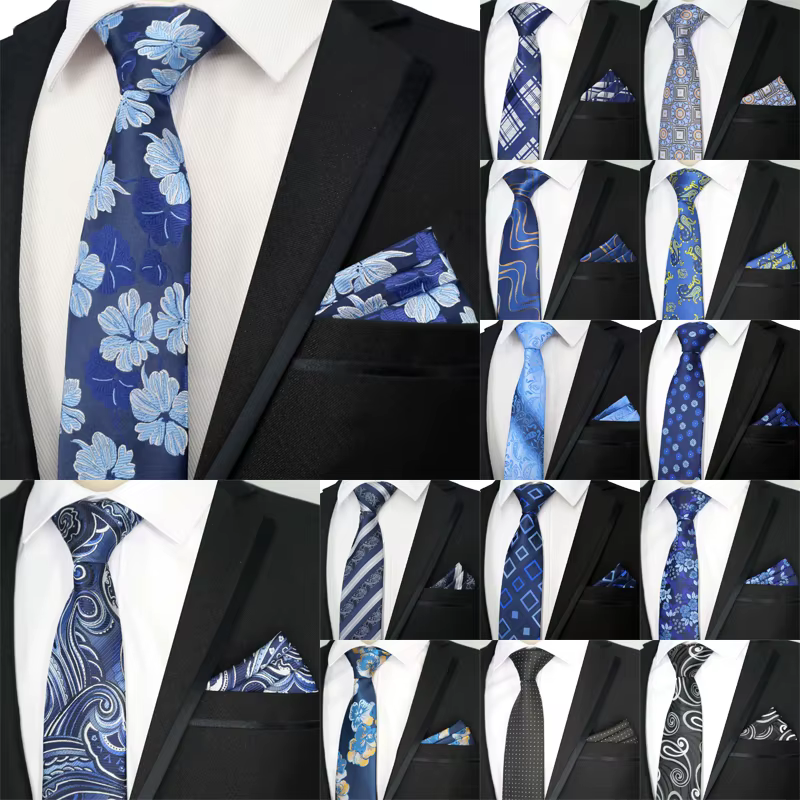 Newest Tie Set 8CM Mens Necktie Handkerchief Neck Ties Sets For Man Blue Color Plaids Stripes Jacquard Cravat Business Party