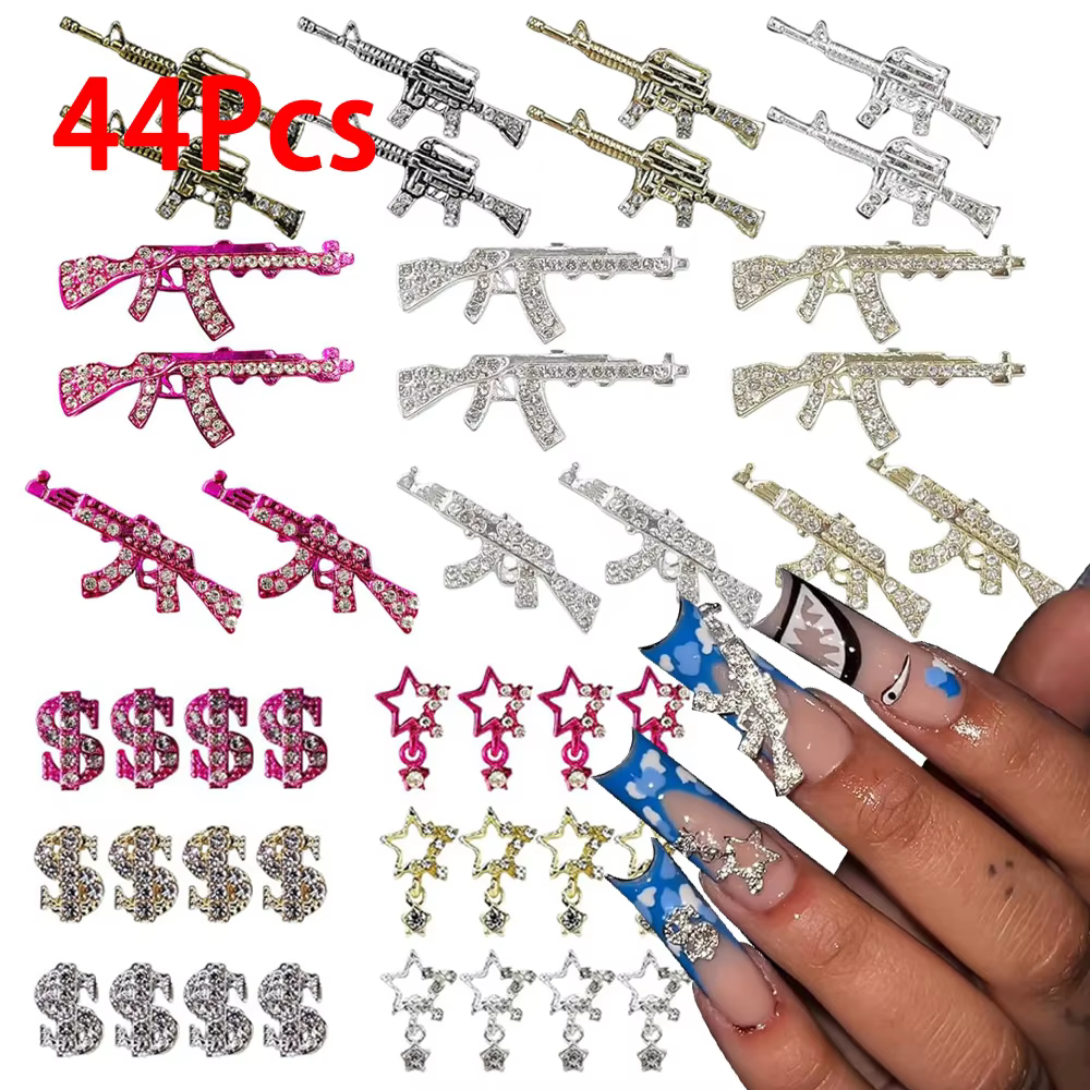 44Pcs Alloy Gun/Star/Dollar Sign 3D Nail Art Charms Gold/Silver/Pink Metal Inlaid Gems AK/47 Rhinestone DIY Manicure Decorations