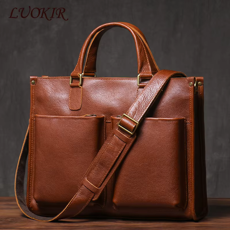 LUOKIR Deluxe Executive Briefcase Male Lawyer Handbag Business Crossbody Real Leather Portfolio Computer Bag For 14 Inch Laptop