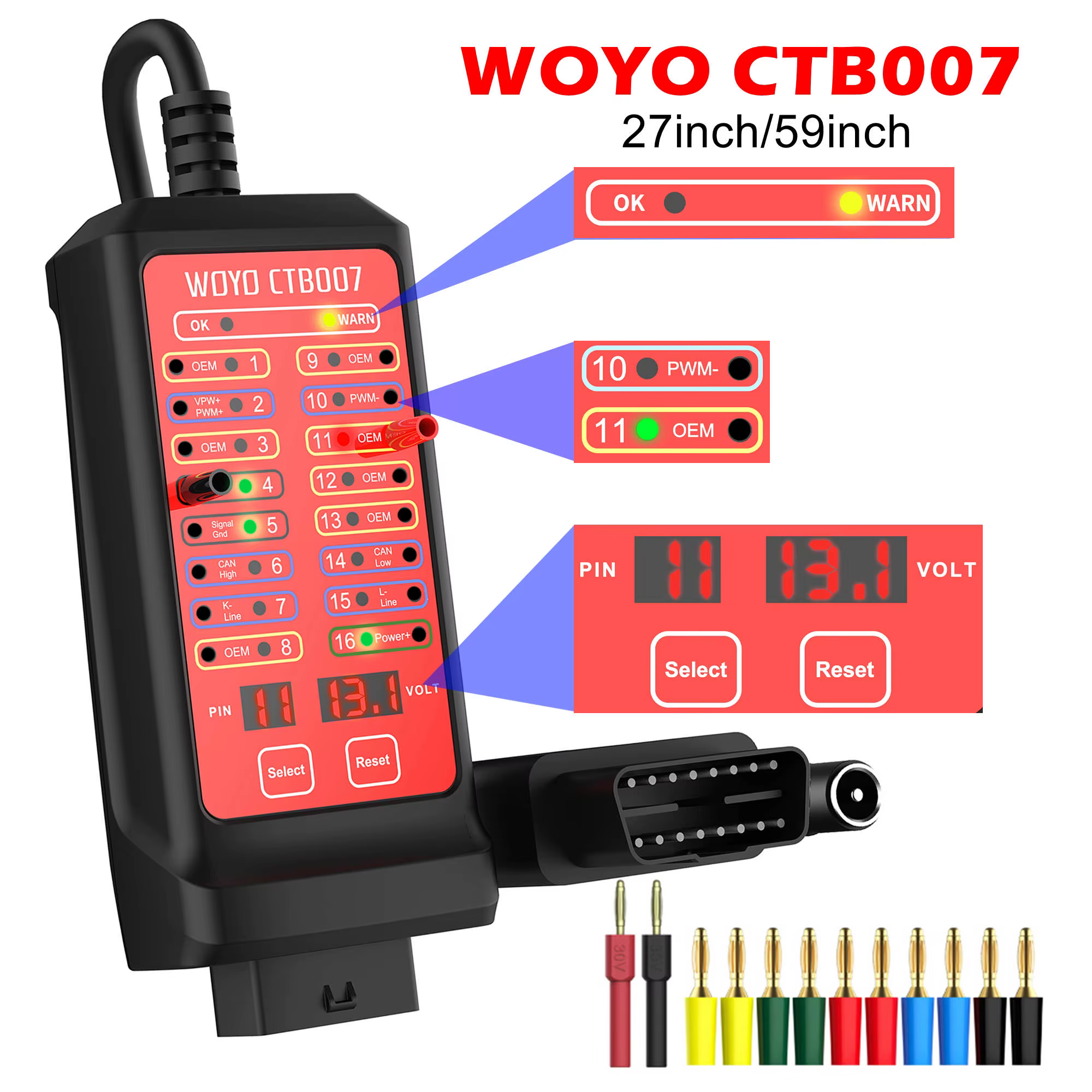 WOYO CTB007 CAN Tester Box 12V 24V OBD2 Breakout Box with 27/59in Cable for All Car Automotive Diagnostic Tool