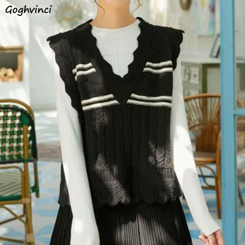 Sweater Vest Women Retro Casual New Spring Preppy Lovely Wave Edge V-neck Jumper Outerwear Korean Style Female Ins Sleeveless