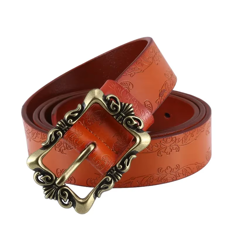 2023 New Vintage Needle Buckle Leather Belt with Embossed and Carved Student Pure Cow Belt Manufacturer Customization