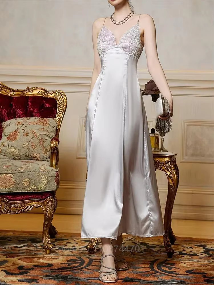Silver Sequin Evening Dress Elegant Women Spaghetti Strap Backless Bodycon Party Prom Mermaid Dresses Long Formal Gown