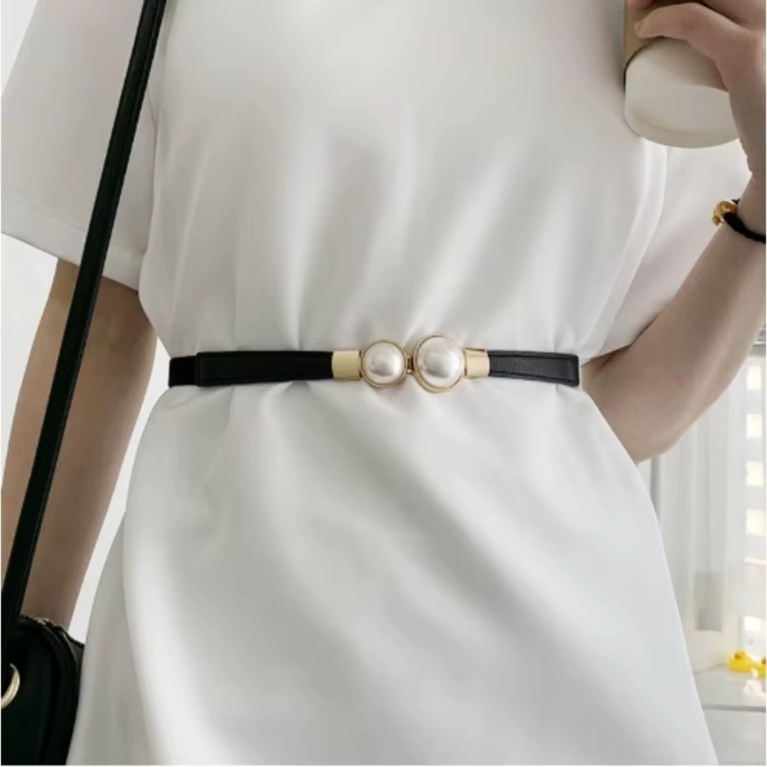 Creative pearly buckle belt, PU leather one-piece skirt, women's thin women's belt, women's waistband