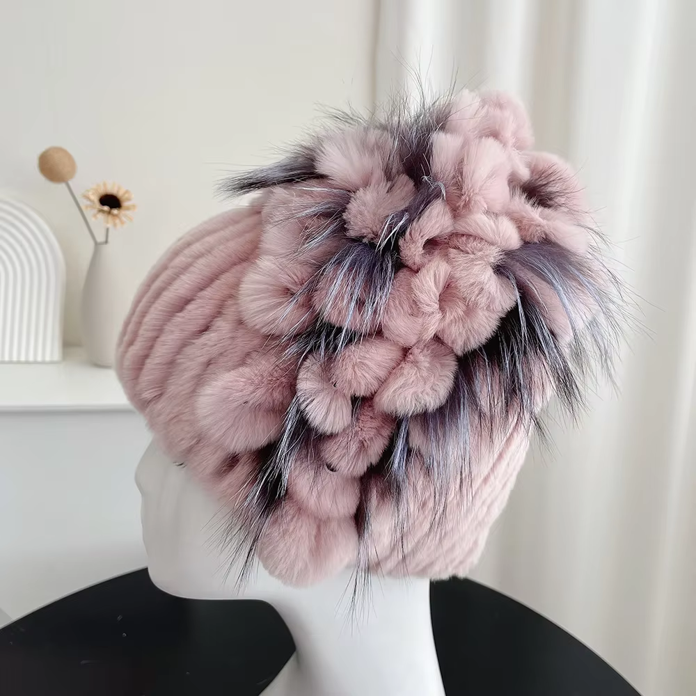 Fur Winter Hat for Women  Real Rex Rabbit Fox Fur Hat Rex Rabbit Fur Caps Lady Winter Warm Headwear Women's Hats