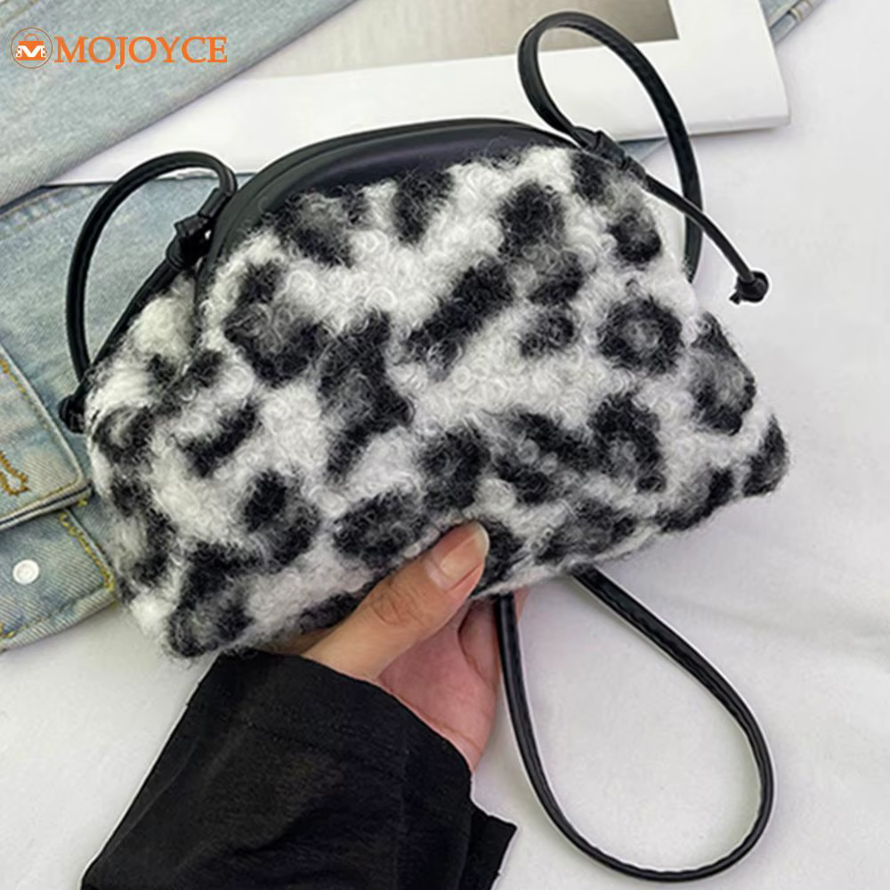 Vintage Leopard Print Women Furry Clutch Purse Autumn Winter Plush Crossbody Bag Large Capacity Fuzzy Small Shoulder Bag Handbag