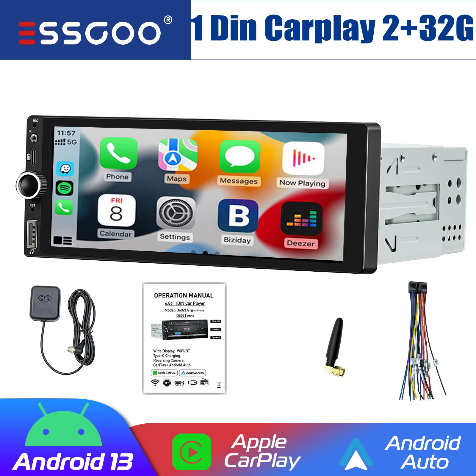 ESSGOO 6.86" Universal Single 1 DIN Car Stereo Radio Wireless Carplay Android Auto Bluetooth USB Type-C GPS Navigation WIFI RDS