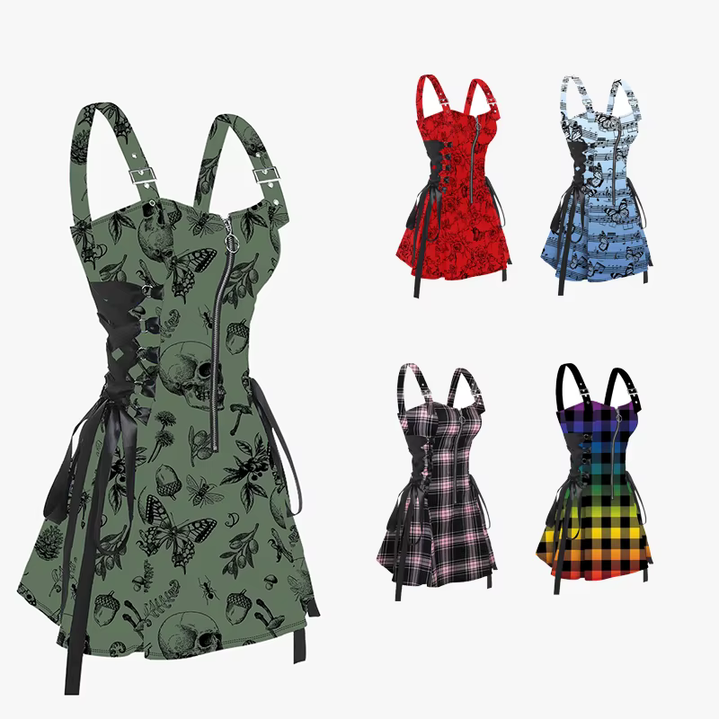 Dressfo Womens Sexy Mini Dresses Skull Animal Plant Print Buckle Strap Dress Lace Up Half Zipper Mini Dress Green Dress Sundress